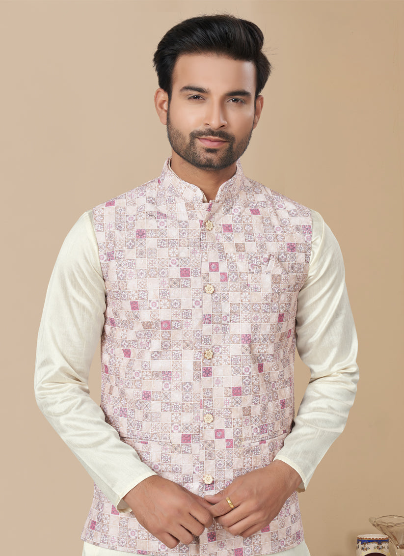 Off White Silk Kurta Pyjama with Off White Jacket