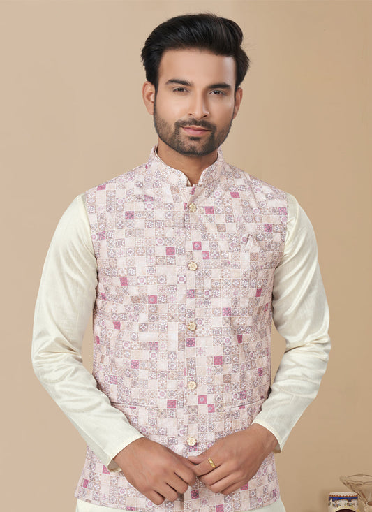 Off White Silk Kurta Pyjama with Off White Jacket