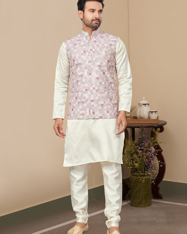 Off White Silk Kurta Pyjama with Off White Jacket