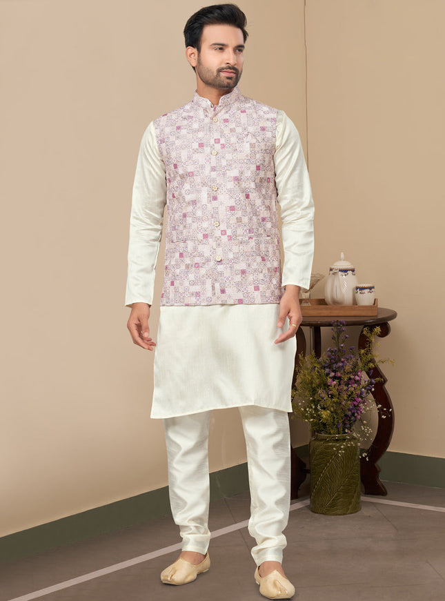 Off White Silk Kurta Pyjama with Off White Jacket
