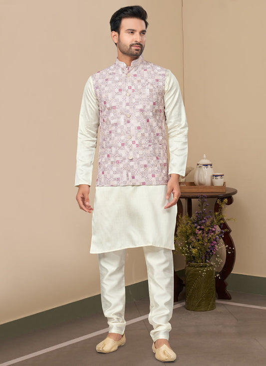 Off White Silk Kurta Pyjama with Off White Jacket