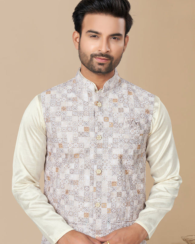 Off White Silk Kurta Pyjama with Off White Jacket