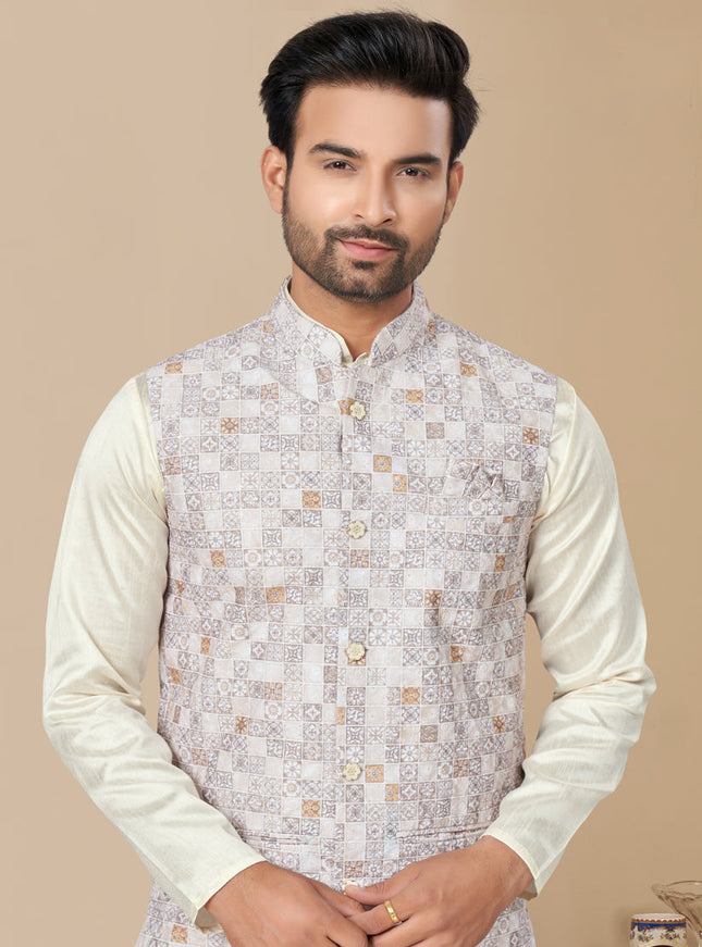 Off White Silk Kurta Pyjama with Off White Jacket