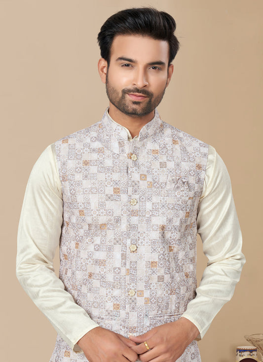 Off White Silk Kurta Pyjama with Off White Jacket