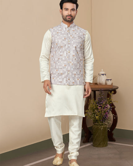 Off White Silk Kurta Pyjama with Off White Jacket