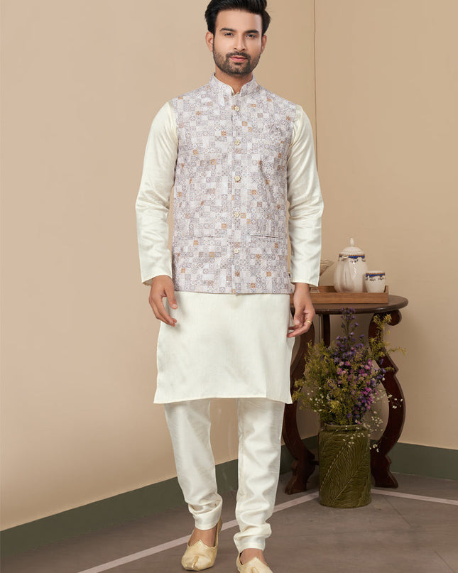 Off White Silk Kurta Pyjama with Off White Jacket