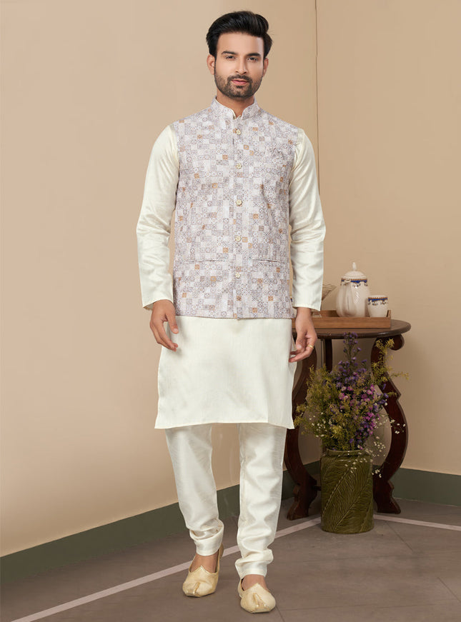 Off White Silk Kurta Pyjama with Off White Jacket