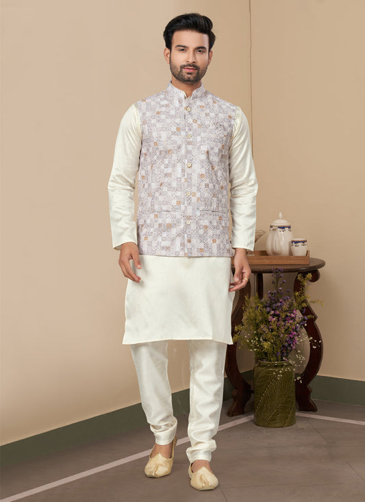 Off White Silk Kurta Pyjama with Off White Jacket