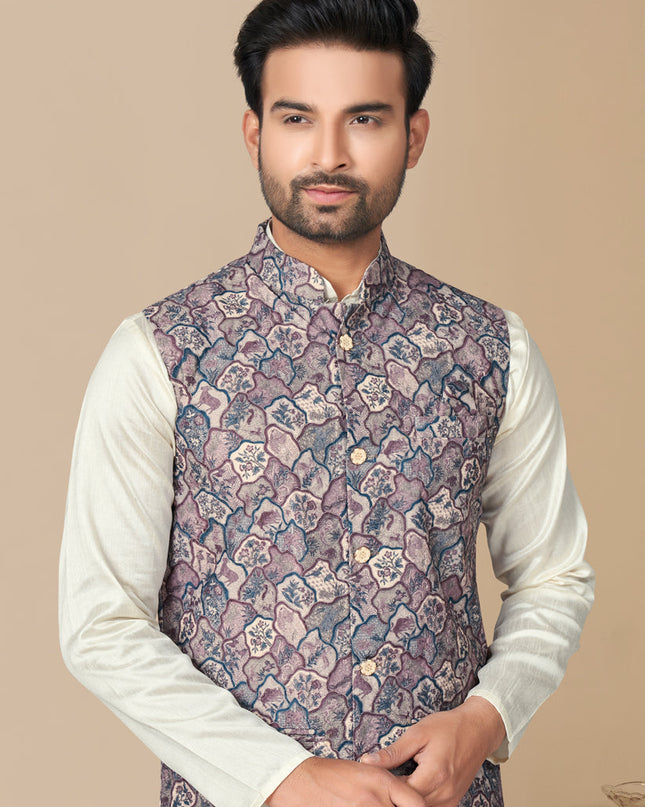 Off White Silk Kurta Pyjama with Multicolor Jacket