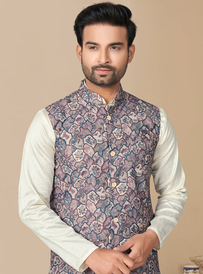 Off White Silk Kurta Pyjama with Multicolor Jacket