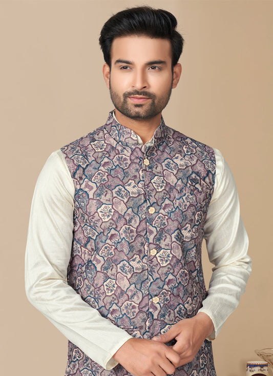 Off White Silk Kurta Pyjama with Multicolor Jacket