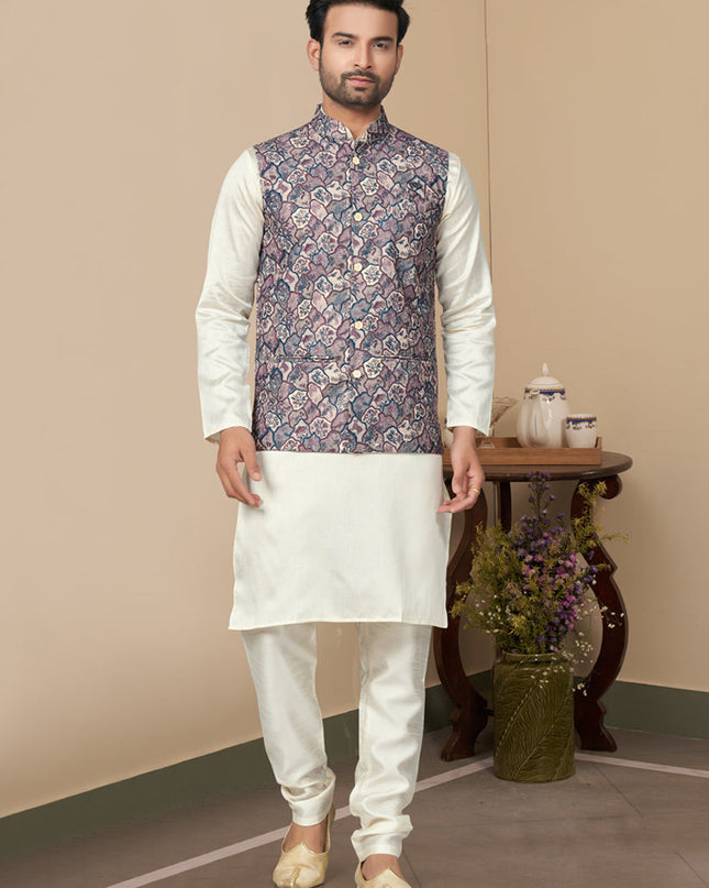 Off White Silk Kurta Pyjama with Multicolor Jacket