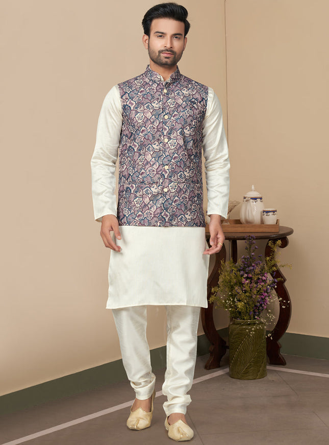 Off White Silk Kurta Pyjama with Multicolor Jacket