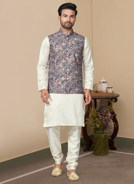 Off White Silk Kurta Pyjama with Multicolor Jacket