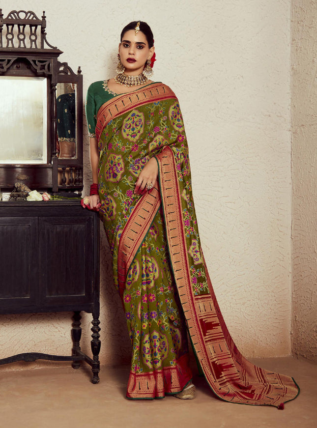 Mehendi Green Brasso Saree with Blouse