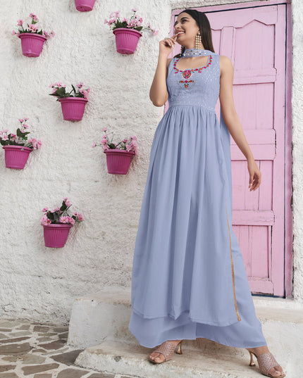 Sky Blue Georgette Embroidered Readymade Palazzo Kameez