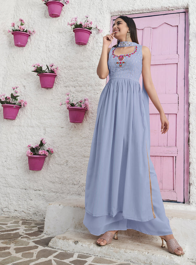 Sky Blue Georgette Embroidered Readymade Palazzo Kameez
