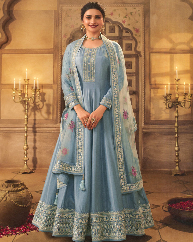 Prachi Desai Livid Blue Dola Silk Embroidered Anarkali Suit