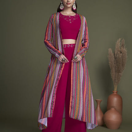 Magenta Georgette Palazzo with Crop Top and Jacket