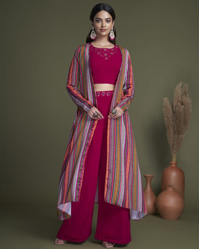 Magenta Georgette Palazzo with Crop Top and Jacket
