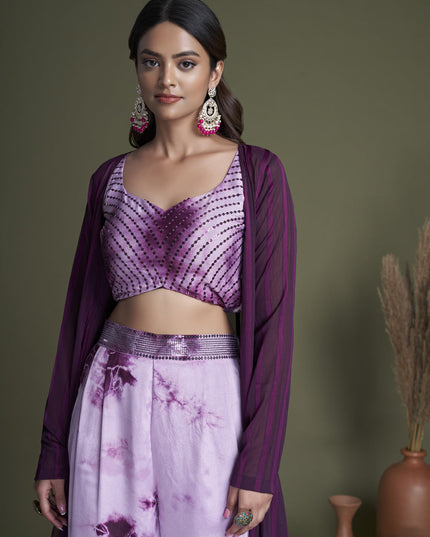 Lilac Silk Palazzo with Crop Top and Jacket