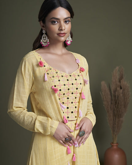 Lemon Yellow Georgette Palazzo with Crop Top and Jacket
