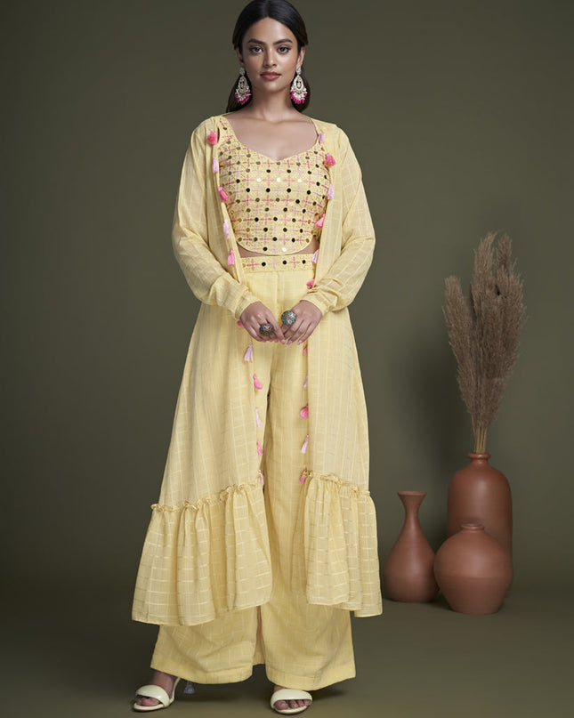 Lemon Yellow Georgette Palazzo with Crop Top and Jacket