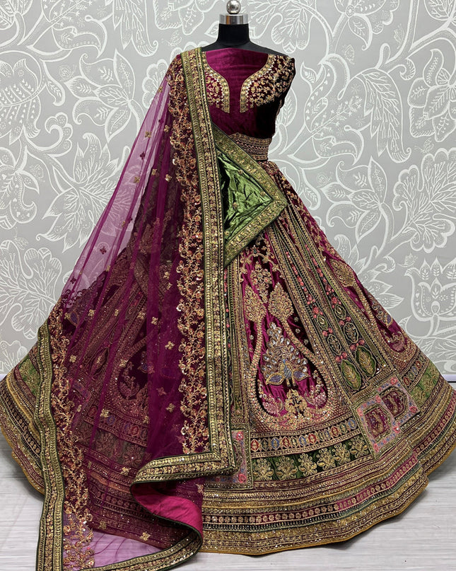 Purple Velvet Bridal Lehenga Choli