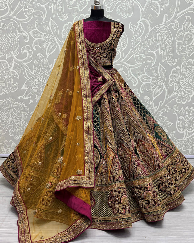 Multicolor Velvet Bridal Lehenga Choli