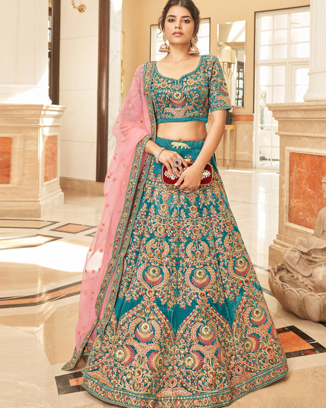 Morpich Velvet Designer Lehenga Choli