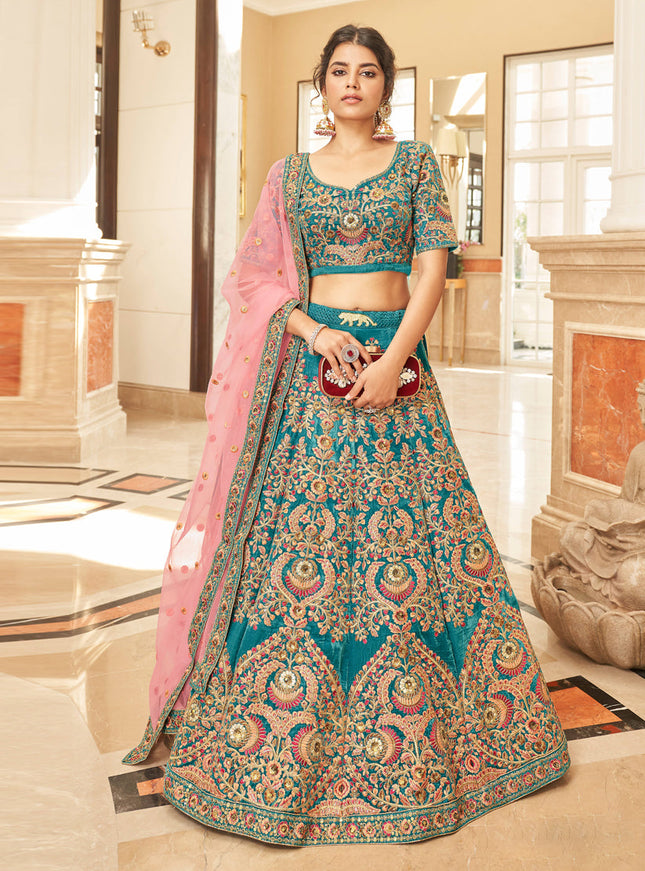 Morpich Velvet Designer Lehenga Choli