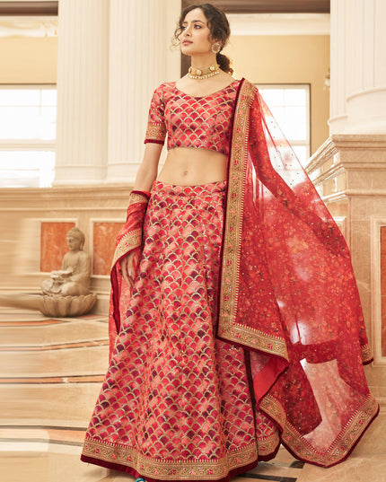 Coral Red Art Silk Designer Lehenga Choli