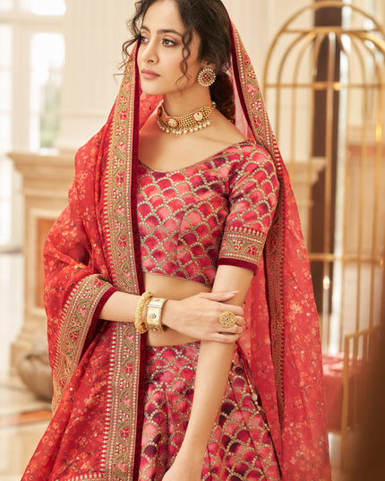 Coral Red Art Silk Designer Lehenga Choli