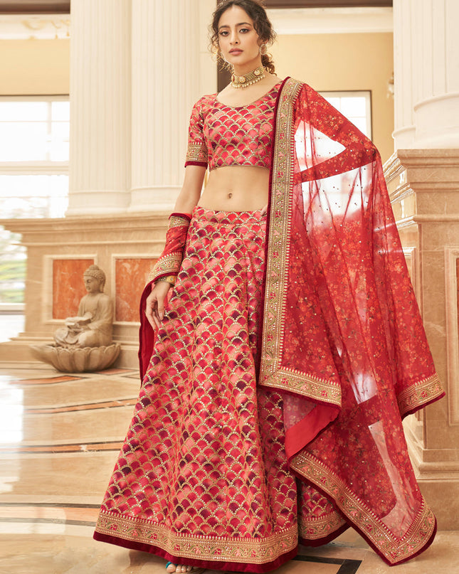 Coral Red Art Silk Designer Lehenga Choli
