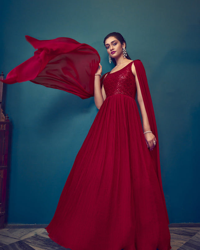 Red Georgette Embroidered Gown