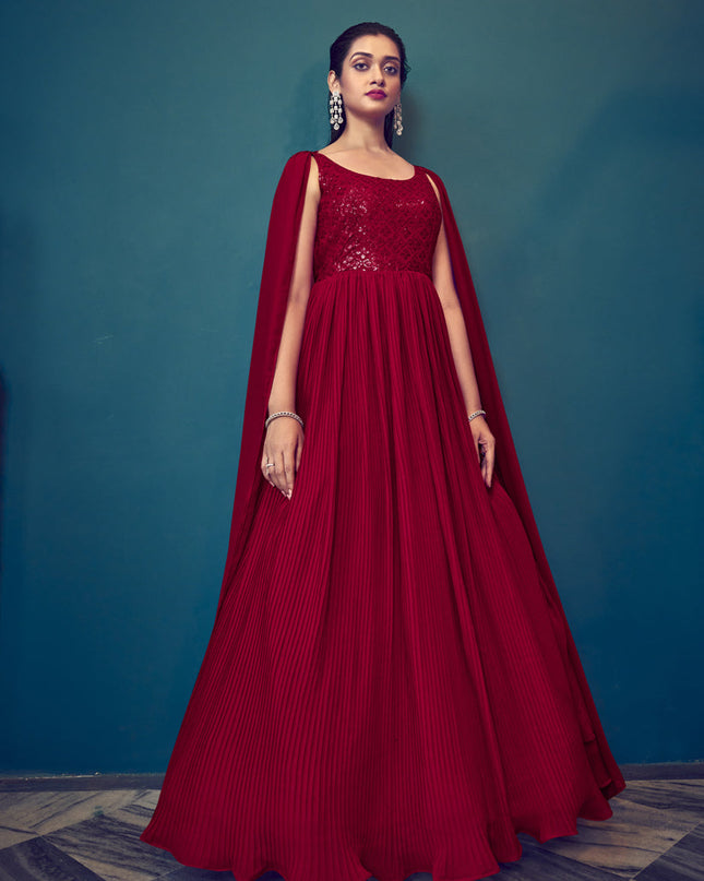 Red Georgette Embroidered Gown