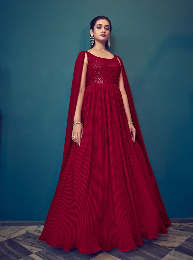Red Georgette Embroidered Gown