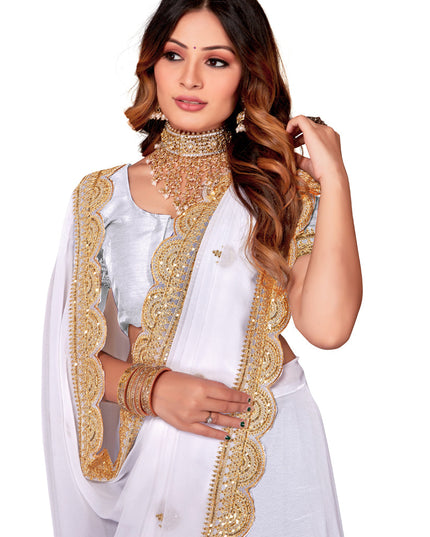 White Georgette Embroidered Saree