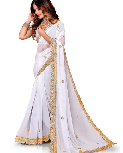 White Georgette Embroidered Saree
