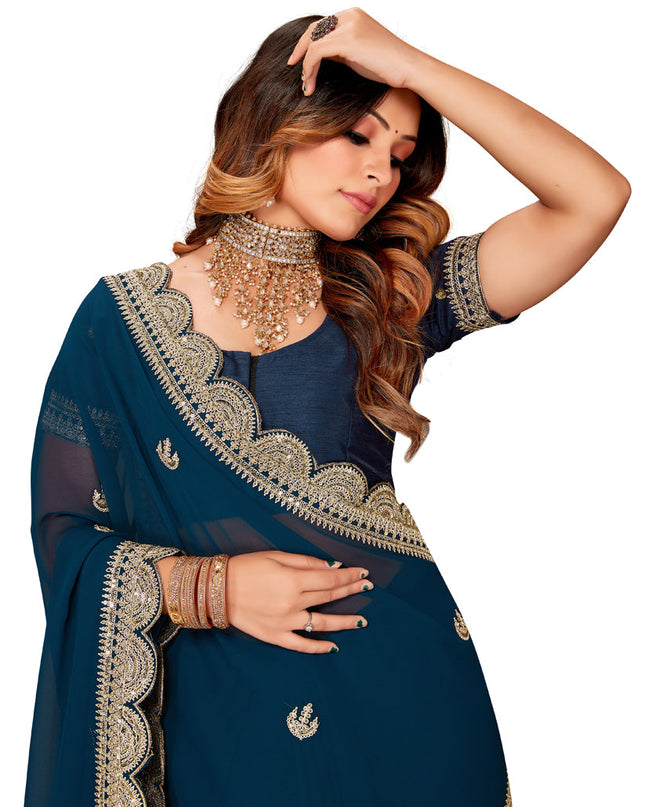 Prussian Blue Georgette Embroidered Saree