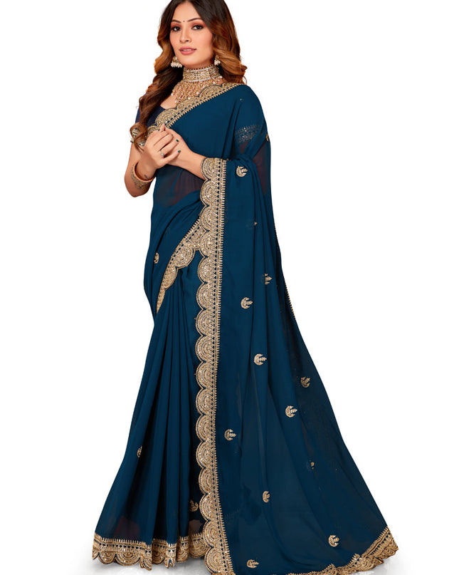 Prussian Blue Georgette Embroidered Saree