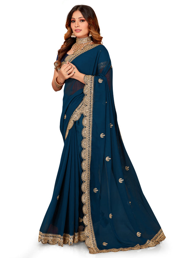 Prussian Blue Georgette Embroidered Saree