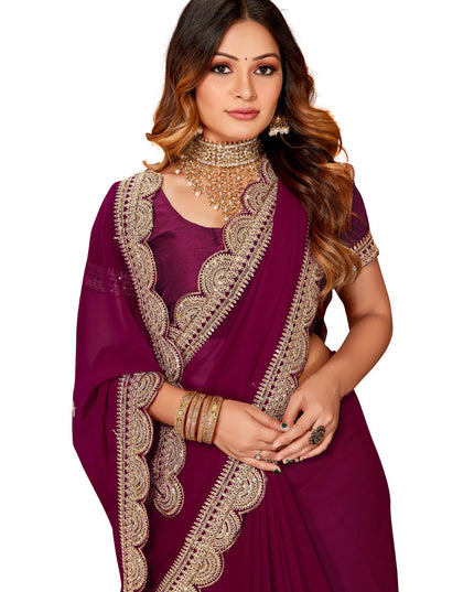 Wine Georgette Embroidered Saree