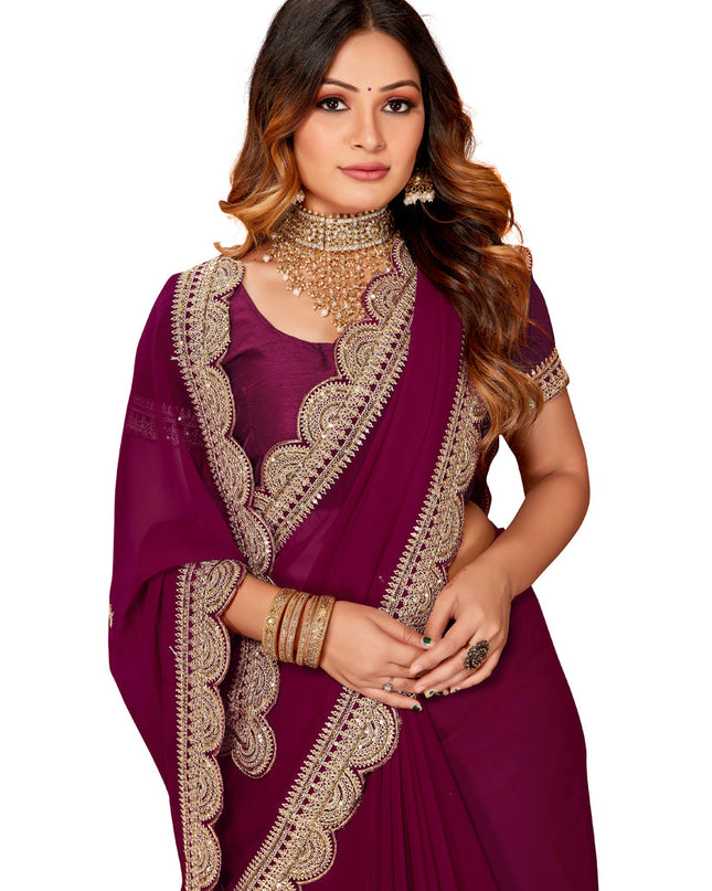 Wine Georgette Embroidered Saree