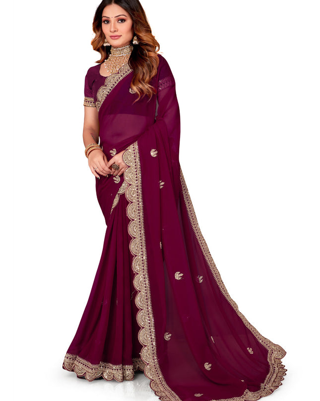 Wine Georgette Embroidered Saree