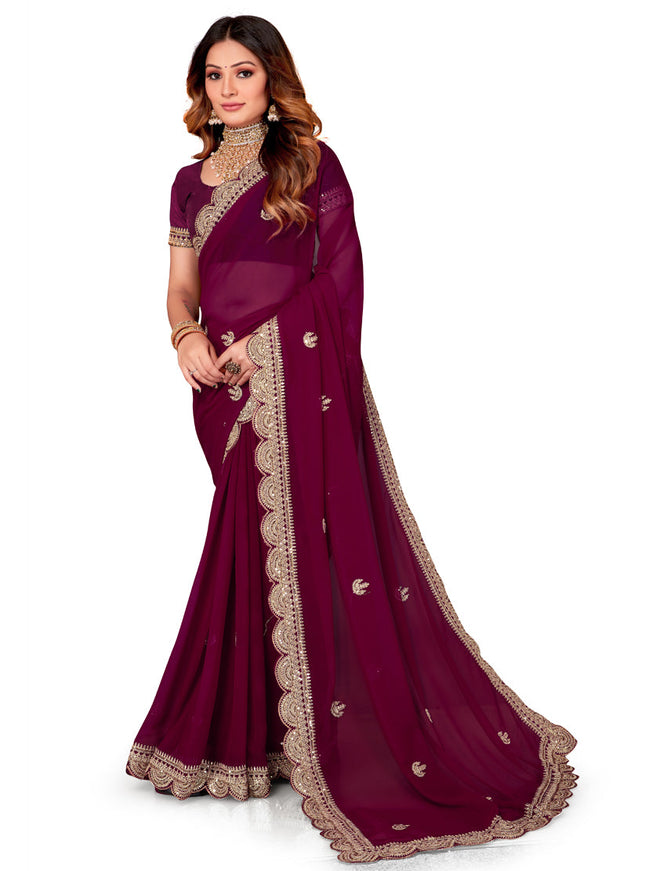 Wine Georgette Embroidered Saree