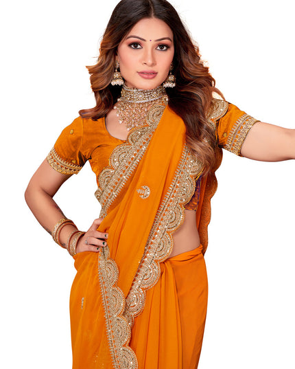 Golden Orange Georgette Embroidered Saree