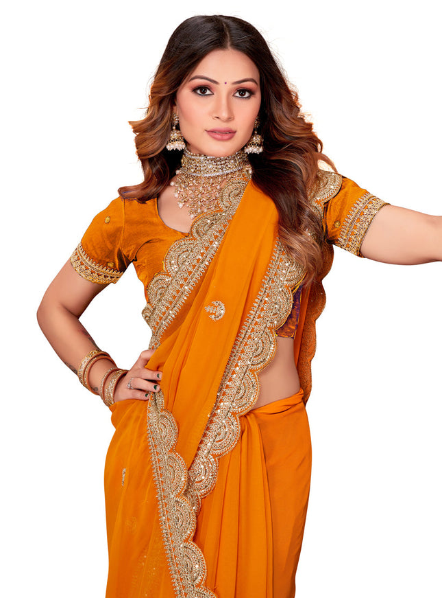 Golden Orange Georgette Embroidered Saree