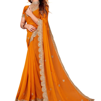 Golden Orange Georgette Embroidered Saree