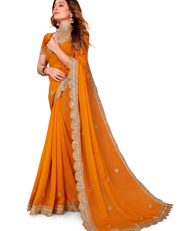 Golden Orange Georgette Embroidered Saree